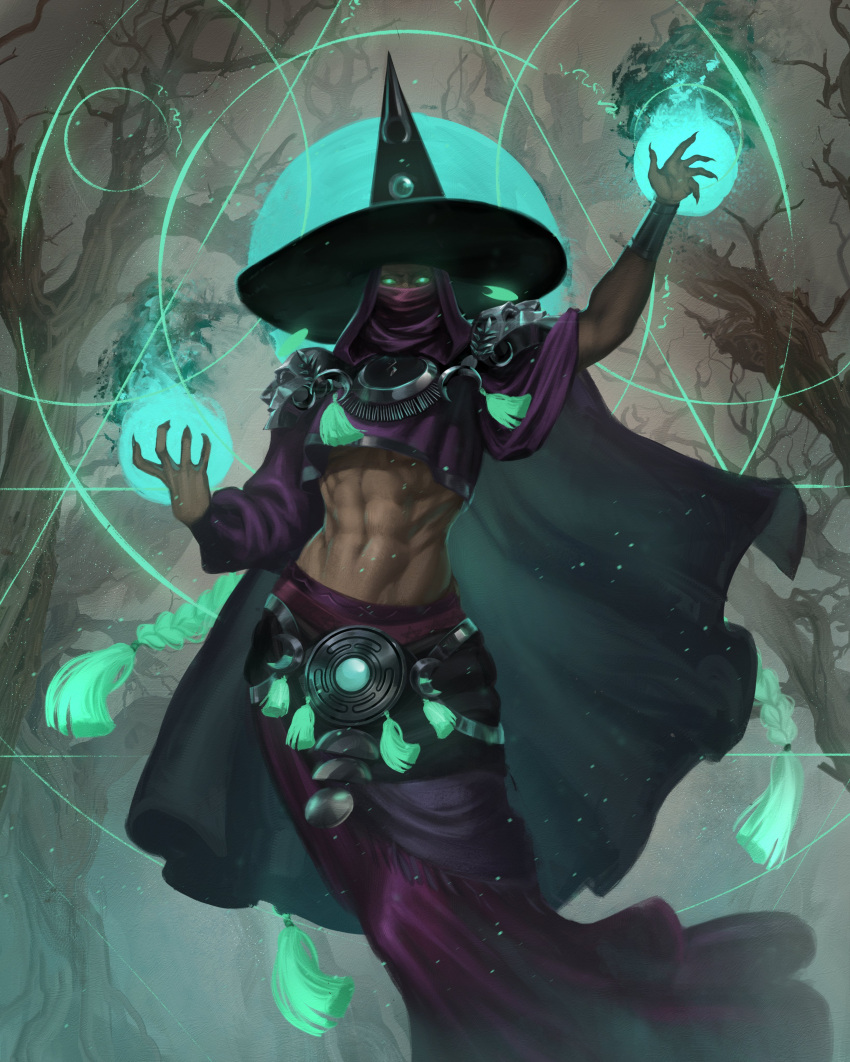 1girl abs absurdres armor breasts caio_santos colored_skin dark_skin glowing glowing_eyes hades_(series) hades_2 hat hecate_(hades) highres hood magic mask mouth_mask muscular navel shoulder_armor tagme toned_female underboob witch_hat