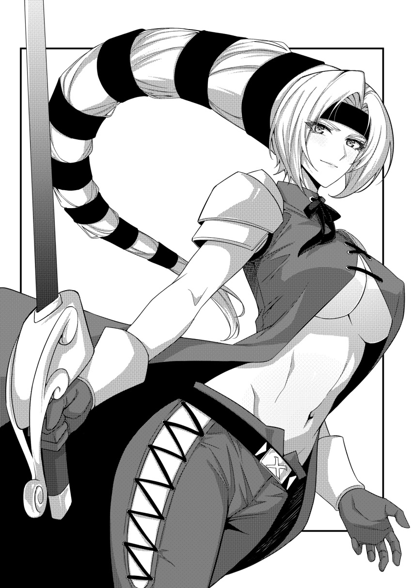 1girl abs absurdres antenna_hair black872233196 black_border border coat denim foxy_(kof) gloves greyscale hairstyle_request headband highres holding holding_sword holding_weapon jeans looking_at_viewer monochrome multicolored_hair navel pants simple_background sleeveless smile solo sword the_king_of_fighters two-tone_hair weapon white_background