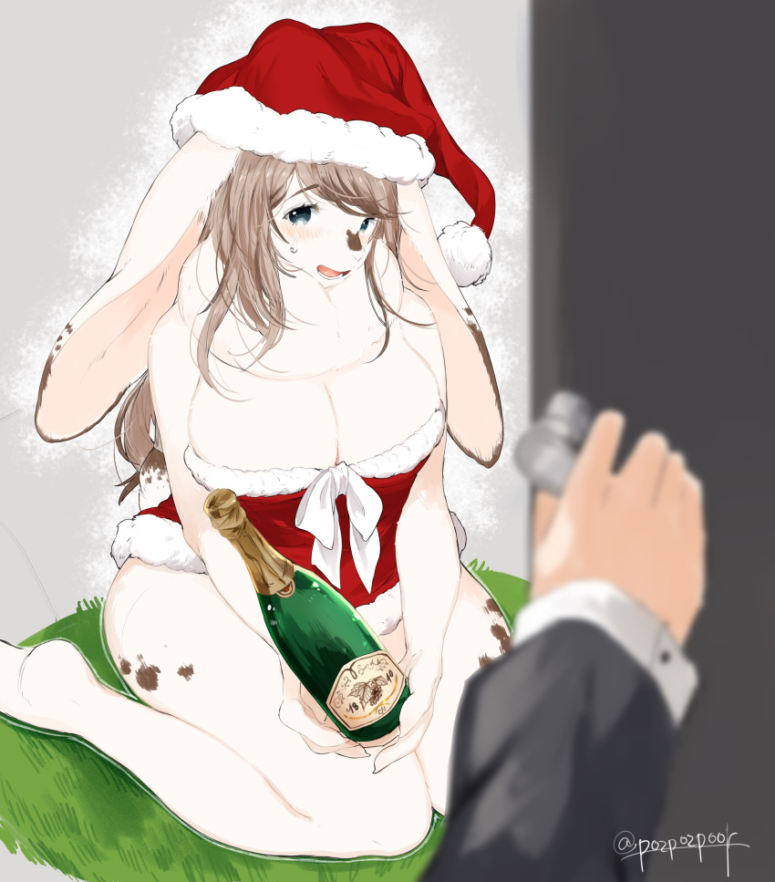 1girl brown_hair christmas christmas_hat furry green_eyes pov pozpozpoor rabbit solo