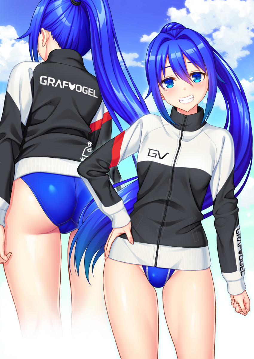 1girl ass black_jacket blue_eyes blue_hair blue_one-piece_swimsuit blue_sky clothes_writing cloud commentary_request competition_swimsuit feet_out_of_frame hair_between_eyes highres jacket kuri_(kurigohan) long_hair multicolored_clothes multicolored_jacket multiple_views one-piece_swimsuit original ponytail sidelocks sky swimsuit swimsuit_under_clothes track_jacket two-tone_jacket very_long_hair