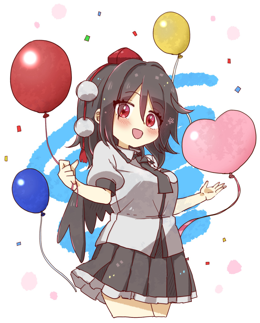 1girl :d absurdres balloon black_hair black_necktie black_skirt breasts collared_shirt commentary_request confetti cowboy_shot cropped_legs dress_shirt eyes_visible_through_hair grey_shirt hair_intakes hat heart_balloon highres holding holding_balloon long_hair medium_breasts mini_hat necktie pleated_skirt puffy_short_sleeves puffy_sleeves red_eyes red_hat shameimaru_aya shirt short_sleeves skirt smile solo tokin_hat totoharu_(kujirai_minato) touhou white_background