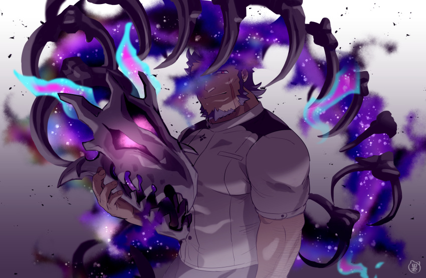 1boy animal_skeleton arm_at_side arm_hair bara beard closed_mouth exio_(live_a_hero) facial_hair gradient_background highres live_a_hero looking_at_viewer male_focus one_eye_covered red_eyes shirt short_hair short_sleeves signature solo sumi_wo_hakuneko white_shirt