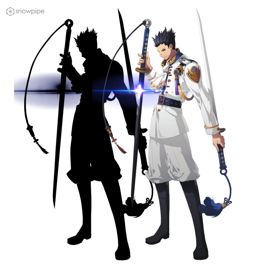 1boy alternate_costume artist_request ascot badge belt belt_buckle black_belt black_footwear black_hair blue_collar boots brown_eyes buckle buttoned_cuffs buttons collar company_name dual_wielding emblem flower_knot gold_buckle gold_buttons highres holding holding_sword holding_weapon jacket katana lens_flare logo long_sleeves looking_at_viewer looking_to_the_side male_focus military military_uniform official_art oogami_ichirou pants pocket purple_tassel red_tassel sakura_taisen sega serious short_hair silhouette solo spiked_hair standing sword sword_tassle teeth third-party_source tie_clip uniform upper_teeth_only v-shaped_eyebrows watermark weapon white_ascot white_jacket white_pants white_sleeves white_uniform