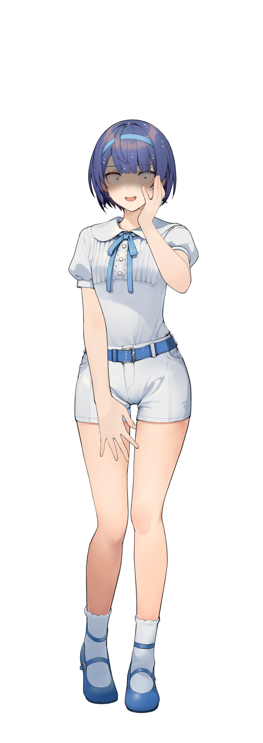 1girl absurdres belt belt_buckle blue_belt blue_eyes blue_footwear blue_hair blue_hairband blue_ribbon blunt_bangs blush buckle cevio collared_shirt commentary_request constricted_pupils dot_nose full_body hairband hand_on_own_cheek hand_on_own_face highres looking_at_viewer mary_janes neck_ribbon parted_lips psd_available puffy_short_sleeves puffy_sleeves ribbon scared shaded_face shirinda_fureiru shirt shirt_tucked_in shoes short_hair short_shorts short_sleeves shorts simple_background socks solo standing straight-on suzuki_tsudumi sweat tachi-e transparent_background variant_set white_shorts white_socks wide-eyed