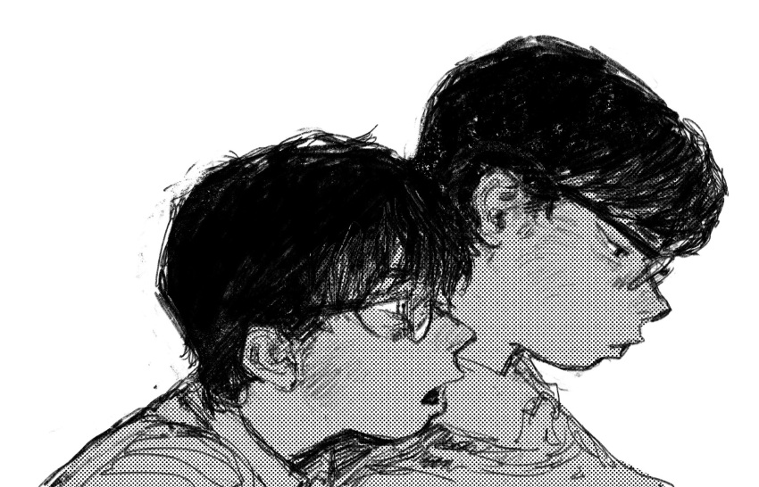 2boys black_hair from_side glasses halftone highres looking_down mettaflix multiple_boys open_mouth original white_background