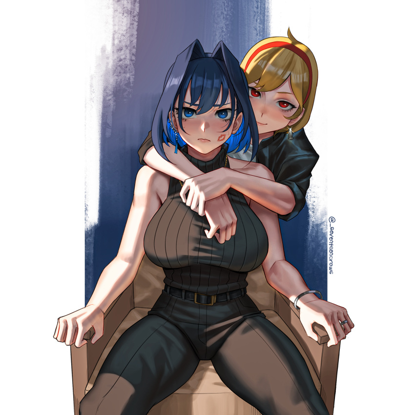 2girls absurdres alternate_costume bare_arms bare_shoulders belt black_jacket black_pants black_shirt blonde_hair blue_eyes blue_hair blush breasts colored_inner_hair earrings embarrassed headband highres hololive hololive_english hug jacket jewelry kaela_kovalskia large_breasts lipstick_mark looking_at_viewer multicolored_hair multiple_girls ouro_kronii pants red_eyes seventeencrows shirt simple_background sitting sleeveless sleeveless_shirt smile spread_legs turtleneck turtleneck_shirt two-tone_background two-tone_hair virtual_youtuber