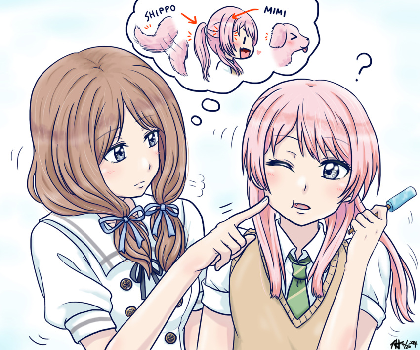 2girls ? alternate_hairstyle athyra bang_dream! bang_dream!_it's_mygo!!!!! blue_ribbon blush brown_hair brown_sweater_vest cheek_poking chihaya_anon closed_mouth collared_shirt commentary dated diagonal-striped_clothes diagonal-striped_necktie fang food green_necktie grey_eyes hair_ribbon haneoka_school_uniform holding holding_food holding_popsicle long_hair looking_at_another multiple_girls nagasaki_soyo neck_ribbon necktie one_eye_closed open_mouth pink_hair poking popsicle puffy_short_sleeves puffy_sleeves ribbon sailor_collar school_uniform serafuku shirt short_sleeves simple_background striped_clothes sweater_vest symbol-only_commentary tsukinomori_school_uniform upper_body white_background white_sailor_collar white_shirt