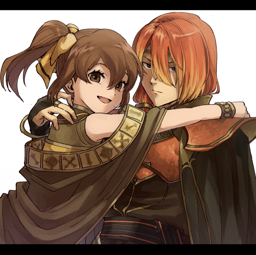1boy 1girl :d armor bare_shoulders bow bracelet brother_and_sister brown_cape brown_eyes brown_hair cape delthea_(fire_emblem) dress fang fire_emblem fire_emblem_echoes:_shadows_of_valentia glaring hair_between_eyes hair_bow hand_on_another's_shoulder highres jewelry kometubu0712 letterboxed looking_at_viewer looking_back luthier_(fire_emblem) open_mouth orange_hair ponytail siblings simple_background smile upper_body white_background yellow_bow yellow_dress