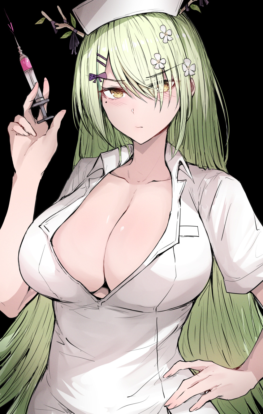 1girl angry antlers blush bow breasts ceres_fauna cleavage commentary flower green_hair hair_flower hair_ornament hair_over_one_eye hand_on_own_hip highres holding holding_syringe hololive hololive_english horns large_breasts leaf long_hair mole mole_under_eye nurse purple_bow sak1_01 simple_background solo standing symbol-only_commentary syringe upper_body virtual_youtuber yellow_eyes