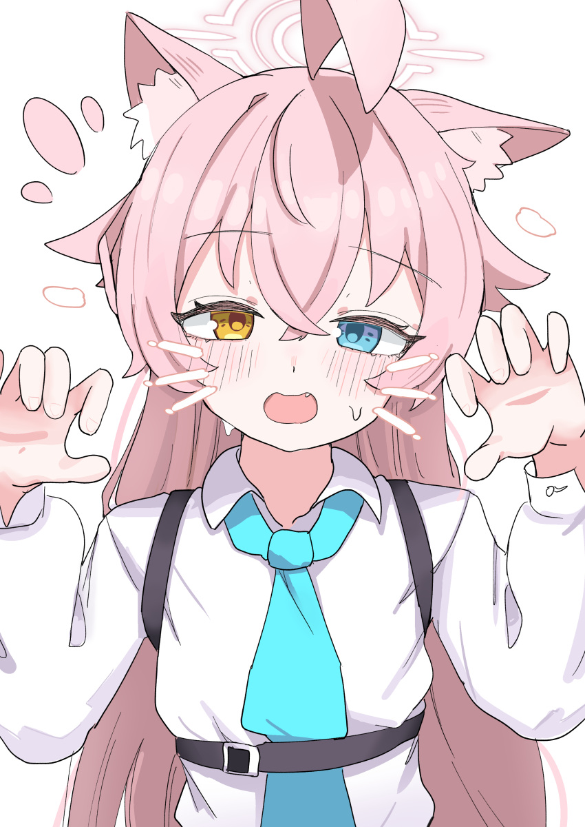 1girl absurdres ahoge animal_ear_fluff animal_ears blue_archive blue_eyes blue_necktie blush cat_ears drawn_whiskers hair_between_eyes halo heterochromia high_(hgih) highres hoshino_(blue_archive) long_hair looking_at_viewer necktie open_mouth paw_pose pink_hair pink_halo shirt simple_background solo sweat very_long_hair white_background white_shirt yellow_eyes