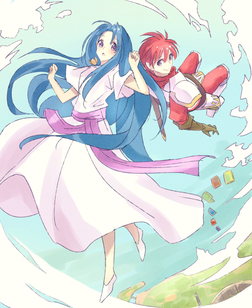 1boy 1girl :o adol_christin ancient_ys_vanished arms_up blue_hair blue_sky brown_gloves closed_mouth commentary_request curtained_hair dress feena_(ys) george_man gloves hair_between_eyes highres long_hair midair open_mouth outdoors purple_eyes red_hair short_hair sky smile white_dress ys
