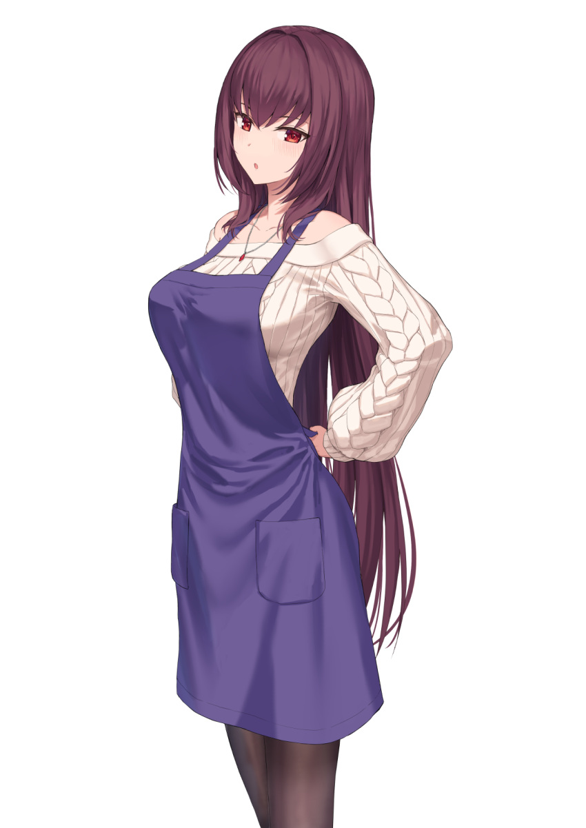 1girl apron bare_shoulders black_pantyhose breasts casual chestnut_mouth collarbone cowboy_shot fate/grand_order fate_(series) hair_between_eyes highres jewelry kamo_ashi large_breasts light_blush long_hair looking_at_viewer necklace off-shoulder_sweater off_shoulder official_alternate_costume pantyhose purple_apron purple_hair red_eyes scathach_(fate) simple_background solo sweater tying_apron white_background