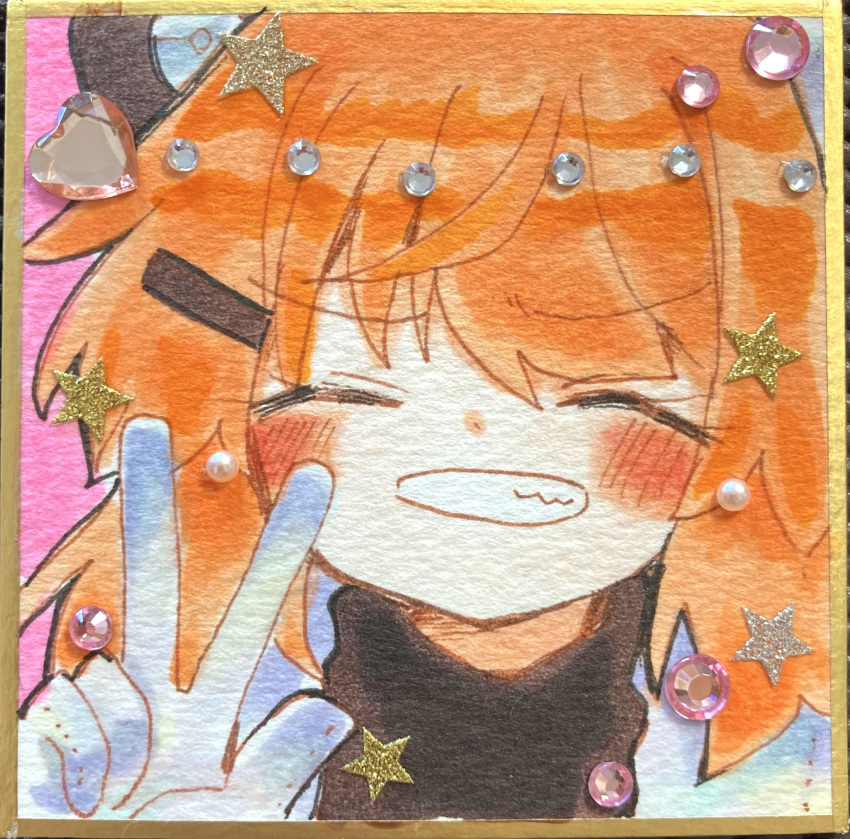 1girl a.i._voice adachi_rei black_shirt blush closed_eyes facing_viewer gloves grin hair_ornament hairclip heart highres marker_(medium) medium_hair orange_hair portrait shikishi shimashiro_itsuki shirt smile solo star_(symbol) sticker traditional_media turtleneck utau w white_gloves