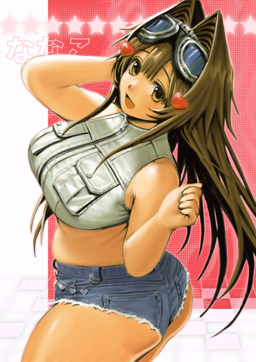 1girl arm_behind_head ass blue_shorts breasts brown_hair cowboy_shot crop_top goggles hair_intakes hair_ornament heart heart_hair_ornament highres hott0g111 large_breasts long_hair micro_shorts midriff nanaco_(hott0g111) open_mouth original plump shorts sleeveless smile solo star_(symbol) very_long_hair zipper zipper_pull_tab