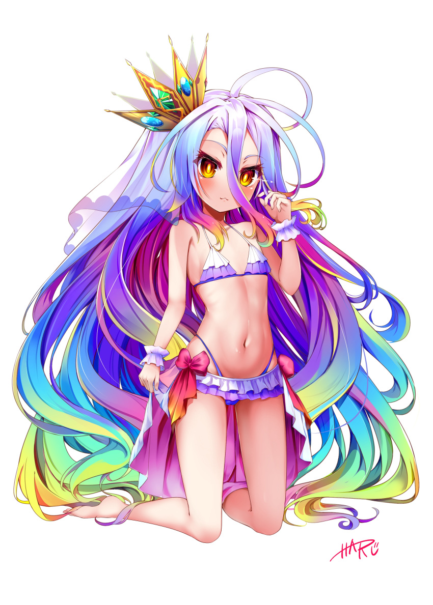 1girl :3 absurdly_long_hair absurdres antenna_hair arm_at_side bare_shoulders barefoot bikini blonde_hair blue_hair blush bow bright_pupils closed_mouth commentary_request crown eyelashes flat_chest frilled_bikini frilled_wrist_cuffs frills full_body fusen_haru gradient_hair green_hair hair_between_eyes halterneck hand_up highleg highleg_bikini highres kneeling long_bangs long_hair looking_at_viewer making-of_available midriff multicolored_hair navel no_game_no_life playing_with_own_hair purple_bikini purple_hair red_bow ribs shiro_(no_game_no_life) signature simple_background skinny smile solo swimsuit very_long_hair white_background wrist_cuffs yellow_eyes