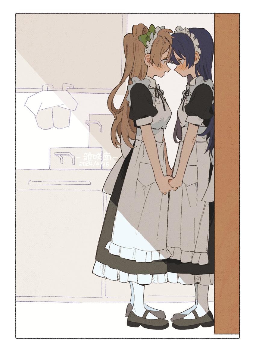 2girls apron black_dress black_footwear blue_hair blush brown_hair closed_mouth commentary_request dress eye_contact forehead-to-forehead heads_together highres holding_hands indoors kitchen long_hair looking_at_another love_live! love_live!_school_idol_project maid maid_apron maid_headdress mary_janes minami_kotori minamip multiple_girls open_mouth shade shoes short_sleeves smile socks sonoda_umi white_apron white_socks yuri