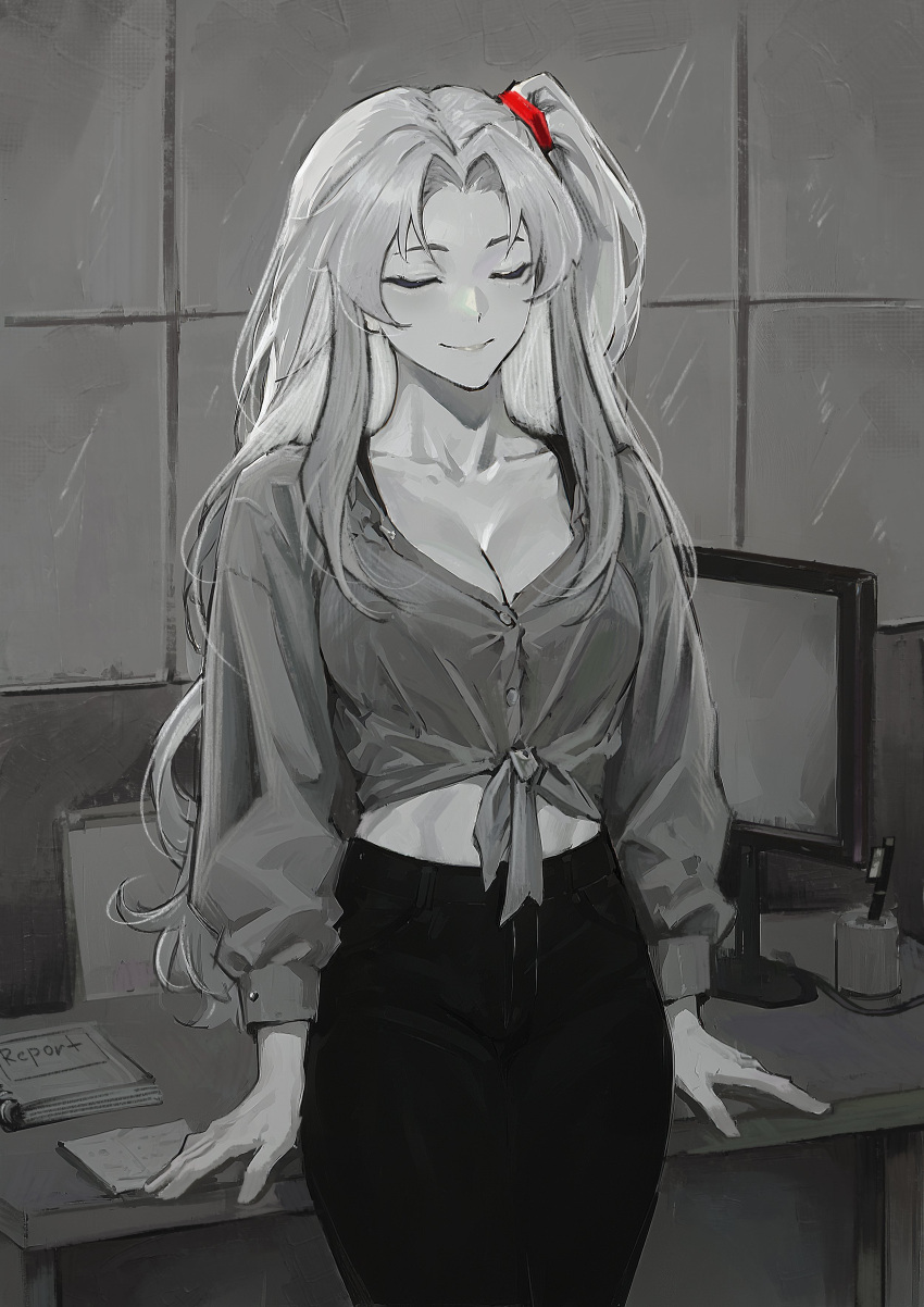 1girl absurdres angela_(project_moon) atris2nd book breasts cleavage closed_eyes covered_navel file greyscale hairband highres journal lobotomy_corporation long_sleeves monitor monochrome pen project_moon rain red_hairband side_ponytail smile solo