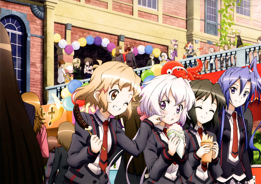 6+girls :d ^_^ absurdres ahoge akatsuki_kirika andou_kuriyo animal_ears balloon bespectacled blush cat_ears cat_tail character_request cheek_poking chocolate_banana closed_eyes cosplay costume crepe eating festival food food_on_face glasses grin highres itaba_yumi kazanari_tsubasa kohinata_miku long_hair lydian_academy_uniform multiple_boys multiple_girls necktie newtype octopus official_art one_eye_closed open_mouth pointing poking railing sakamoto_shunta scan school_uniform senki_zesshou_symphogear short_hair smile tachibana_hibiki_(symphogear) tail terashima_shiori tsukuyomi_shirabe yukine_chris