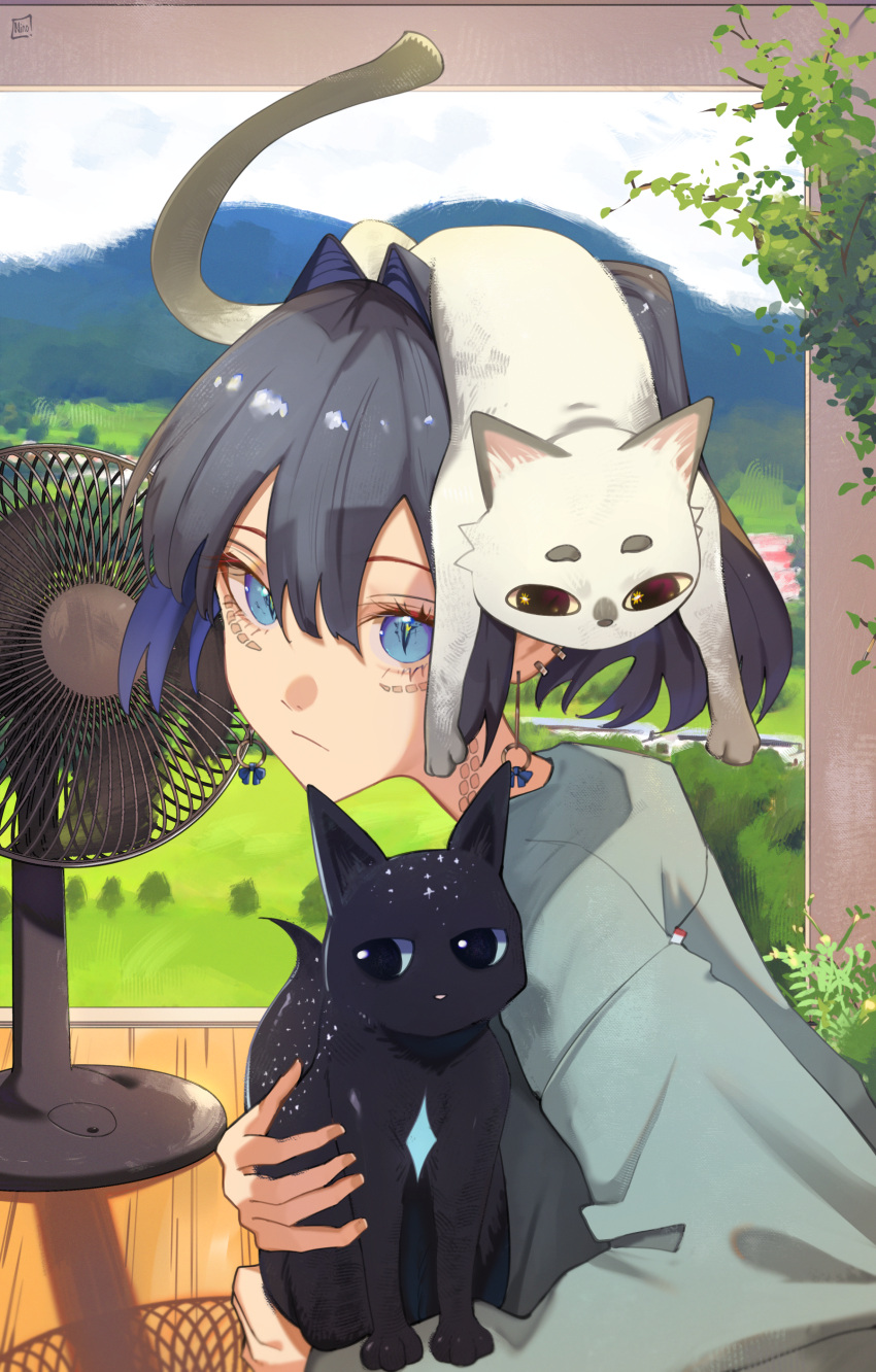 1girl absurdres alternate_costume animal_on_head black_hair blue_eyes carrying cat cat_on_head commentary earrings electric_fan english_commentary expressionless from_side hair_between_eyes hair_intakes highres hololive hololive_english jewelry long_sleeves looking_at_viewer o22no on_head ouro_kronii outdoors patio scales short_hair slit_pupils solo upper_body virtual_youtuber