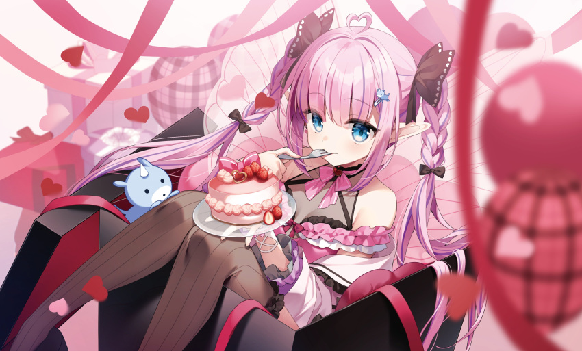 1girl absurdres ahoge bare_shoulders black_bow black_footwear black_leotard black_thighhighs blue_eyes blunt_bangs bow box braid breasts brooch butterfly_wings cake cropped_legs dress earrings eating food frilled_dress frilled_thighhighs frills fruit gift gift_box hair_bow hair_ornament hairpin heart heart_ahoge heart_brooch heart_earrings highres holding holding_plate insect_wings jewelry kokoromo_memory leotard multicolored_hair phase_connect pink_bow pink_dress pink_hair pink_ribbon plate pointy_ears purple_hair ribbon see-through see-through_thighhighs sidelocks small_breasts strawberry streaked_hair suimya thighhighs twin_braids two-tone_hair virtual_youtuber wings