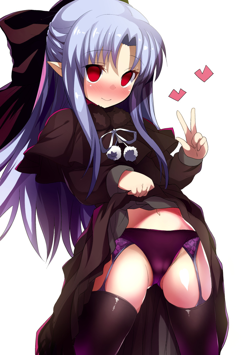 1girl absurdres black_dress black_thighhighs blue_hair blush bow clothes_lift dress dress_lift empty_eyes garter_straps highres len_(tsukihime) lifted_by_self long_hair melty_blood navel panties pointy_ears purple_panties red_eyes ribbon shimejinameko smile solo thighhighs tsukihime underwear v