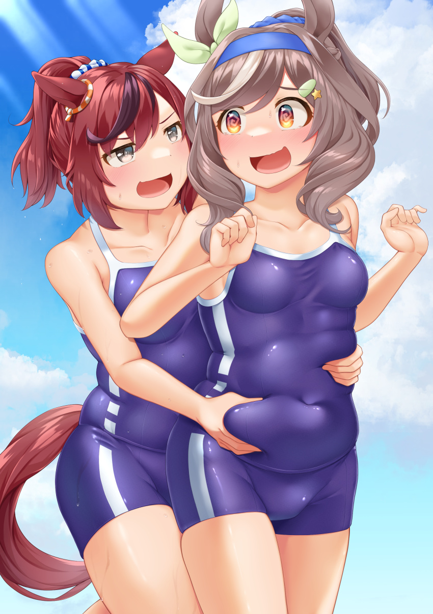 2girls absurdres alternate_costume animal_ears bare_shoulders blue_hairband blue_one-piece_swimsuit blue_sky breasts brown_eyes cloud cloudy_sky commentary_request competition_school_swimsuit competition_swimsuit cowboy_shot ear_ornament grabbing_another's_stomach hair_ornament hairband hairclip highres horse_ears horse_girl horse_tail matikane_tannhauser_(blue_turbulence)_(umamusume) matikane_tannhauser_(umamusume) medium_breasts medium_hair multicolored_hair multiple_girls naka_ushiro nice_nature_(run&amp;win)_(umamusume) nice_nature_(umamusume) official_alternate_hairstyle one-piece_swimsuit open_mouth outdoors plump ponytail red_hair school_swimsuit sky smile streaked_hair swimsuit tail tracen_swimsuit umamusume white_hair yellow_eyes