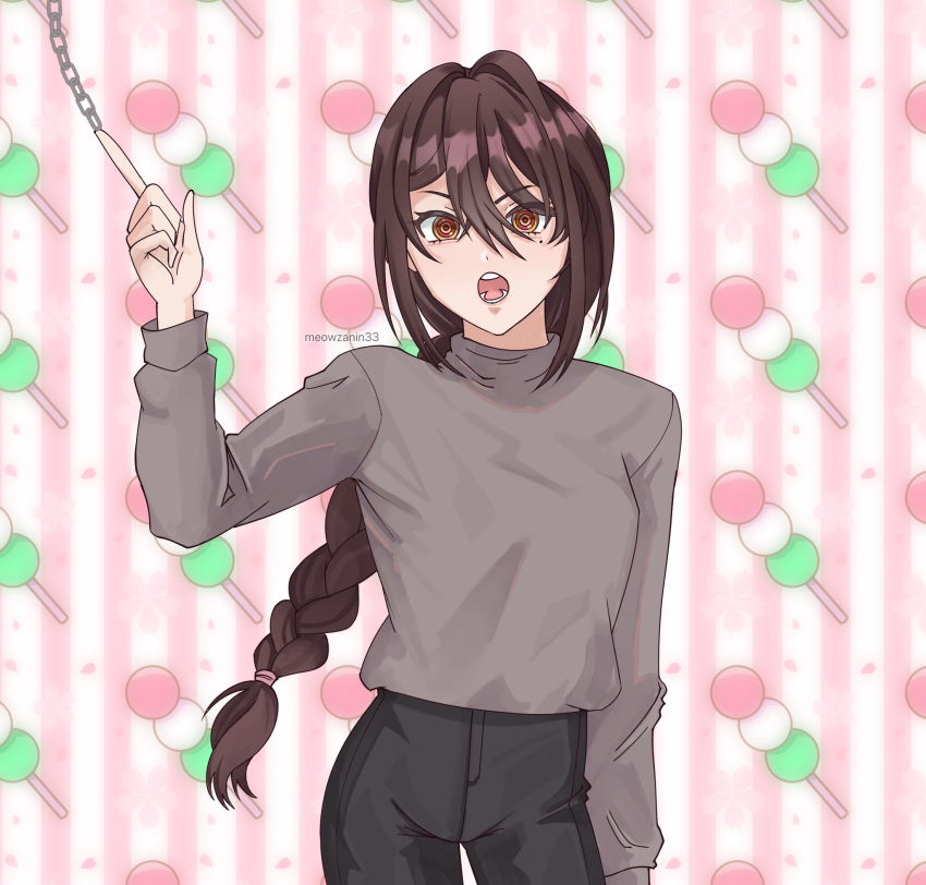 1girl braid braided_ponytail brown_hair chainsaw_man hair_between_eyes hair_over_one_eye highres long_hair looking_at_viewer meowzanin33 mole mole_under_eye nayuta_(chainsaw_man) open_mouth pants ringed_eyes sweater sweater_tucked_in