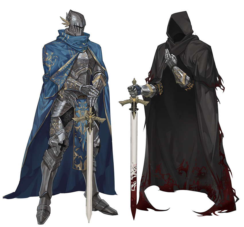 1boy a_knight_(reverse:1999) absurdres alternate_costume amykem armor black_cape blood blood_on_clothes blood_on_weapon blue_cape breastplate cape dual_persona full_armor full_body gauntlets greaves hand_on_hilt hands_on_hilt helm helmet highres holding holding_sword holding_weapon hood hood_up hooded_cape invisible knight legs_apart male_focus multiple_views planted planted_sword plate_armor reverse:1999 sabaton standing sword weapon white_background
