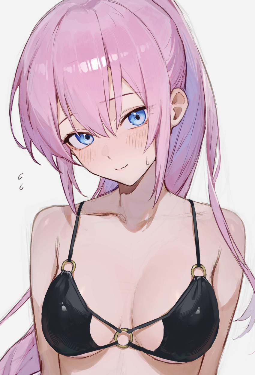 1girl bare_shoulders bikini black_bikini blue_eyes breasts closed_mouth highres kawaii_dake_ja_nai_shikimori-san large_breasts long_hair looking_at_viewer o-ring o-ring_top pink_hair ponytail shikimori_(kawaii_dake_ja_nai) simple_background smile solo sooon swimsuit white_background