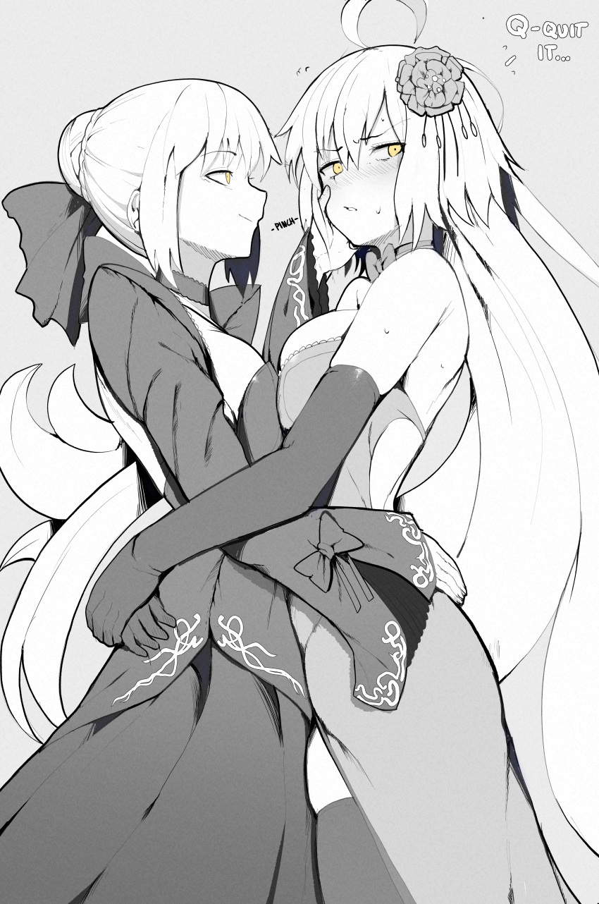 2girls absurdres ahoge arms_around_waist artoria_pendragon_(fate) averting_eyes breasts cheek_pinching cleavage dress english_text fate/grand_order fate/stay_night fate_(series) flower greyscale hair_bun hair_flower hair_ornament highres hug jeanne_d'arc_alter_(fate) large_breasts long_hair looking_at_another looking_to_the_side monochrome multiple_girls pinching revision saber_alter sally_(luna-arts) single_hair_bun smile spot_color sweatdrop very_long_hair yellow_eyes yuri