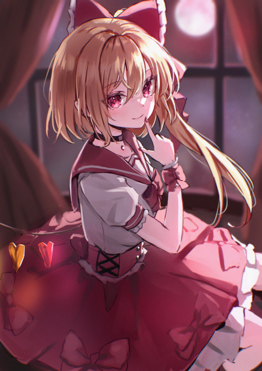 1girl alternate_costume black_choker blonde_hair bow choker closed_mouth commentary_request curtains flandre_scarlet full_moon hair_bow heart heart-shaped_pupils highres indoors light_blush looking_at_viewer moon multicolored_wings puffy_short_sleeves puffy_sleeves red_bow red_eyes red_nails red_sailor_collar sailor_collar shironeko_yuuki short_hair_with_long_locks short_sleeves side_ponytail smile solo symbol-shaped_pupils touhou window wings wrist_cuffs