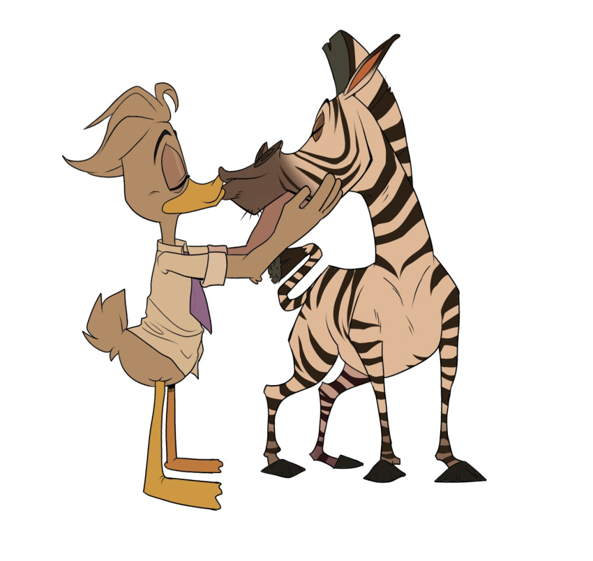 anatid anseriform anthro avian bird clothed clothing disney dreamworks duck ducktales ducktales_(2017) duo equid equine eyes_closed fenton_crackshell hi_res igotdragons kissing madagascar_(series) male male/male mammal marty_the_zebra quadruped semi-anthro zebra