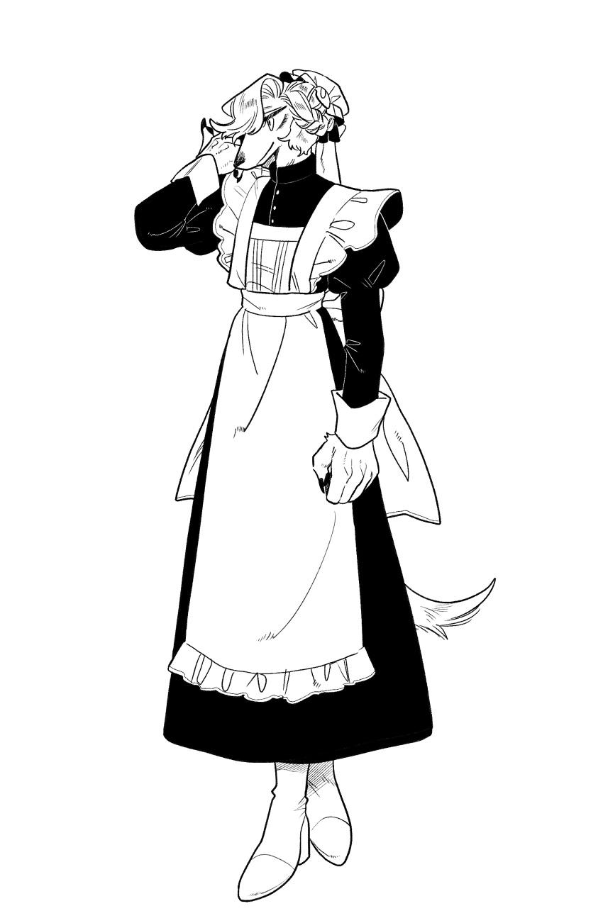 1boy absurdres animal_ears apron back_bow boots bow claws closed_mouth commentary_request crossdressing dog_boy dog_ears dog_tail dress frilled_apron frills full_body greyscale hand_up highres juliet_sleeves long_hair long_sleeves looking_to_the_side maid maid_apron maid_headdress male_focus monochrome original puffy_sleeves rata_(norahasu) simple_background smile solo standing tail white_background
