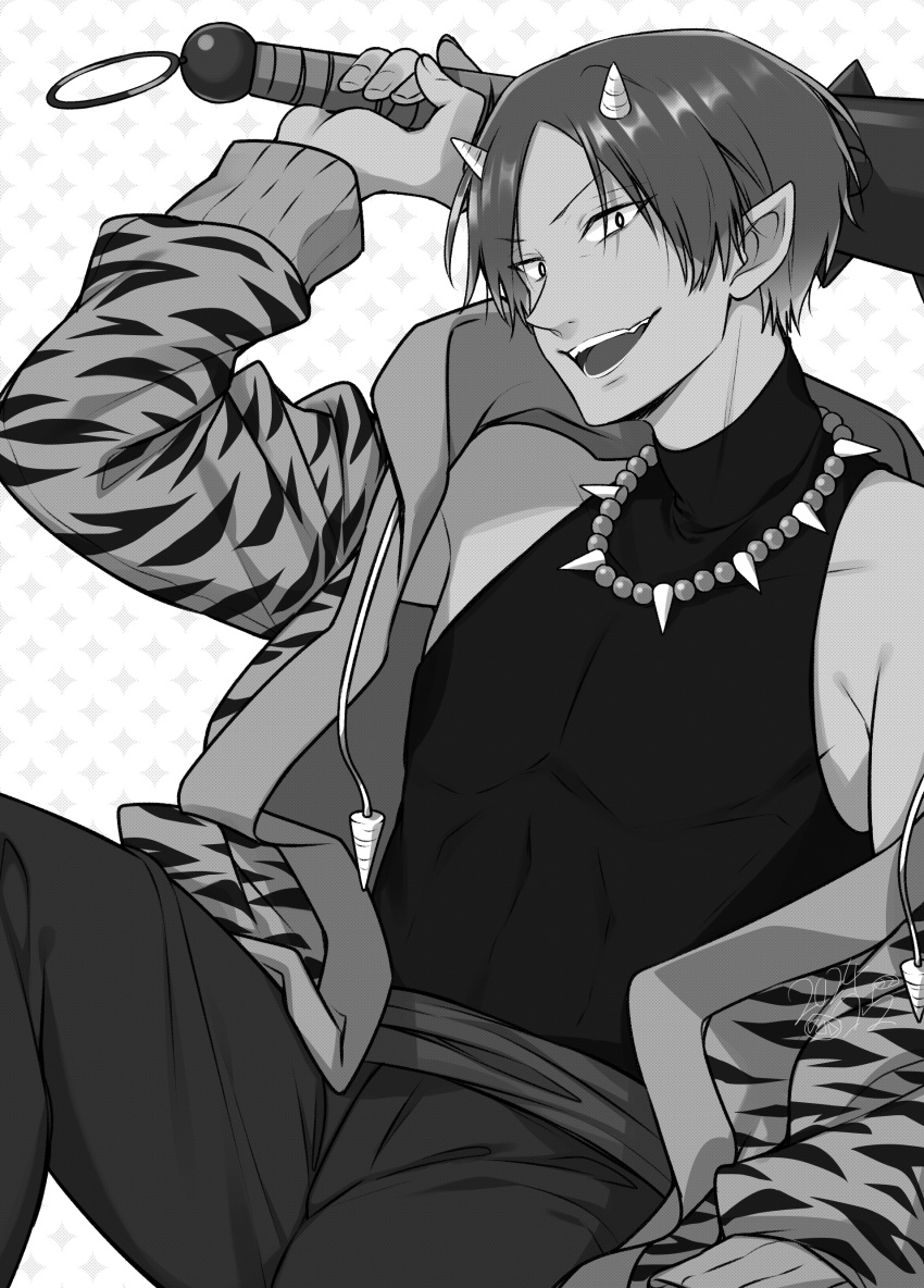 1boy :d absurdres animal_print club_(weapon) highres holding holding_weapon hood hood_down horns jacket jewelry kanabou kankitukou long_sleeves male_focus necklace open_clothes open_jacket pants pointy_ears simple_background smile solo tank_top tiger_print weapon