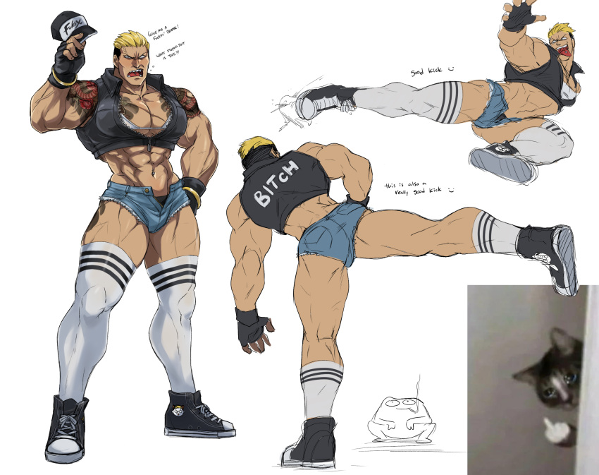 1boy angry ass bara black_footwear black_male_underwear bra breasts cat_png cosplay crop_top crop_top_jacket crouch_kick english_commentary english_text fingerless_gloves gloves gold_bracelet high_kick highres kicking kneehighs large_breasts large_pectorals leggings male_focus male_underwear muscular muscular_male nyaattoberritto partially_unzipped pectorals sharp_teeth shirt short_shorts shorts shoulder_tattoo sleeveless sleeveless_jacket snk_heroines:_tag_team_frenzy socks tan tattoo teeth terry_bogard terry_bogard_(cosplay) the_king_of_fighters thick_thighs thighs tight_clothes tongue tongue_out underwear variant_set white_background white_bra white_leggings white_shirt yamazaki_ryuuji