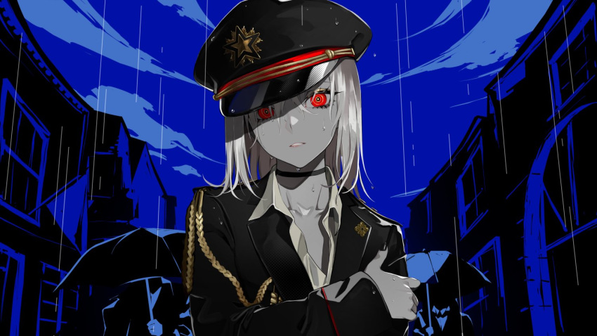 1girl 2others black_choker black_hat black_jacket black_nails blue_sky building choker cloud collarbone collared_shirt colored_skin commentary_request copyright_request dress_shirt grey_hair grey_shirt grey_skin hair_between_eyes hat holding holding_umbrella jacket lam_(ramdayo) long_hair looking_at_viewer military_hat multiple_others nail_polish outdoors parted_lips peaked_cap rain red_eyes shirt sky solo umbrella wet