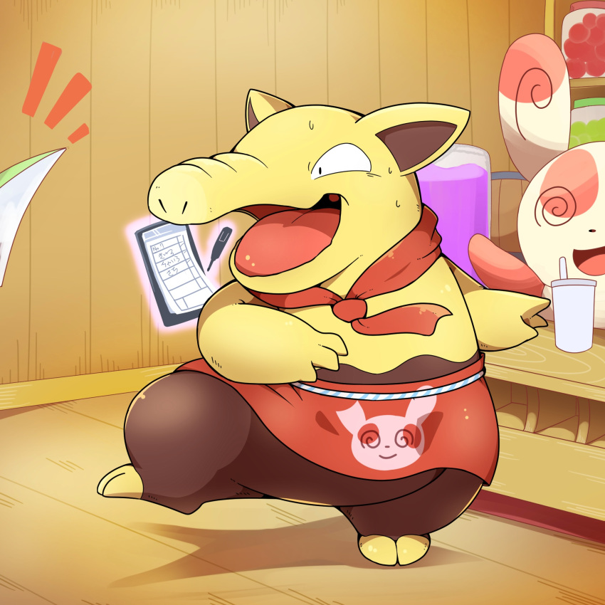 anthro apron belly bodily_fluids brown_body clothing drowzee fur generation_1_pokemon hi_res male menu nintendo pen pokemon pokemon_(species) proboscis_(anatomy) psychic_powers shocked_expression slightly_chubby solo sweat tatu_wani_(artist) trunk_(anatomy) waiter yellow_body yellow_fur