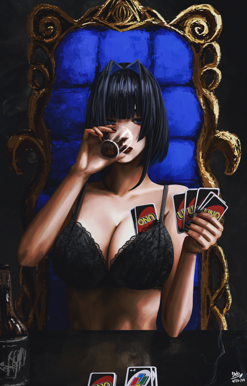 1girl absurdres artist_name black_bra black_hair blue_eyes blue_hair bottle bra breasts card card_game chair cleavage closed_mouth colored_inner_hair cup dated drinking_glass fingernails hair_intakes hands_up highres holding holding_card holding_cup hololive hololive_english large_breasts lips looking_at_object looking_to_the_side multicolored_hair nail_polish ouro_kronii playing_card playing_games red_lips short_hair solo steb straight-on table two-tone_hair underwear underwear_only uno_(game) upper_body virtual_youtuber