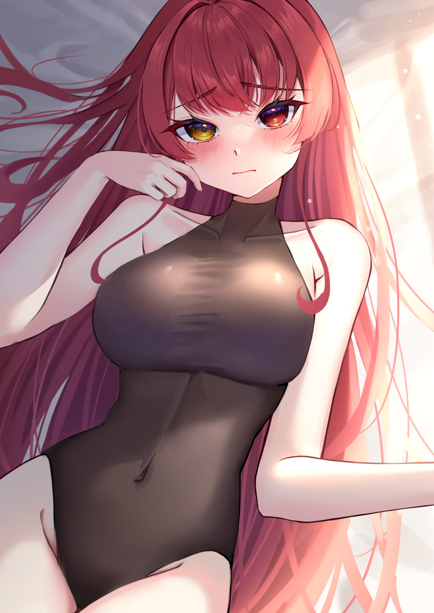 1girl absurdres black_leotard blush breasts covered_navel heterochromia highres hololive houshou_marine large_breasts leotard long_hair looking_at_viewer lying on_back red_eyes red_hair scarf_(50464982) solo virtual_youtuber yellow_eyes