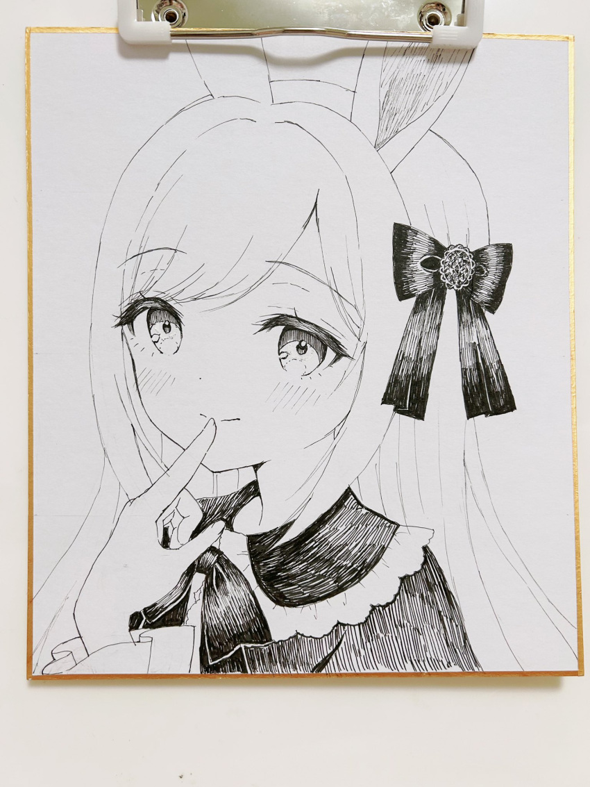 1girl animal_ears blush bow chitosezaka_suzu closed_mouth collared_shirt commentary_request finger_to_mouth frilled_shirt_collar frills hair_bow hand_up highres long_hair long_sleeves original photo_(medium) rabbit_ears shikishi shirt smile solo swept_bangs traditional_media upper_body