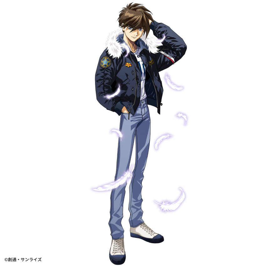 1boy black_jacket blue_eyes brown_hair casual falling_feathers feathers fur-trimmed_jacket fur_trim grey_pants gundam gundam_wing hair_between_eyes heero_yuy highres hood hooded_jacket jacket looking_at_viewer official_art open_clothes open_jacket pants shirt short_hair solo streetwear white_background white_shirt white_sneakers