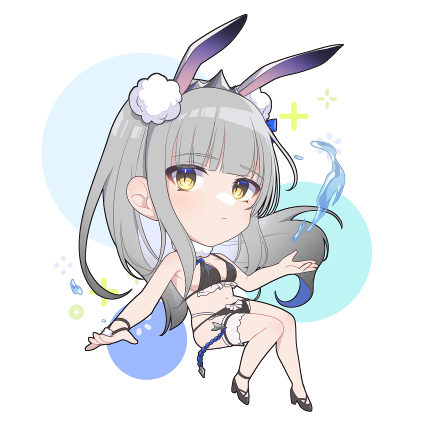 1girl animal_ears bikini black_bikini black_footwear blunt_bangs breasts chibi closed_mouth commentary_request crown expressionless full_body fur_collar grey_hair highres kaavi kurata_color long_hair looking_at_viewer mahjong_soul medium_bangs medium_breasts navel pom_pom_(clothes) rabbit_ears rabbit_girl shoes slit_pupils solo swimsuit tassel thigh_strap water white_background yellow_eyes