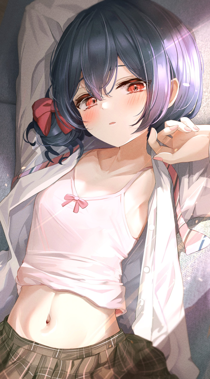 1girl absurdres armpits arms_up black_hair blush bow brown_skirt camisole collarbone flat_chest hair_bow hair_bun highres idolmaster idolmaster_shiny_colors looking_at_viewer lying morino_rinze navel on_back open_clothes open_shirt pink_camisole plaid plaid_skirt pleated_skirt red_eyes school_uniform shirt single_side_bun skirt sky_cappuccino solo white_shirt
