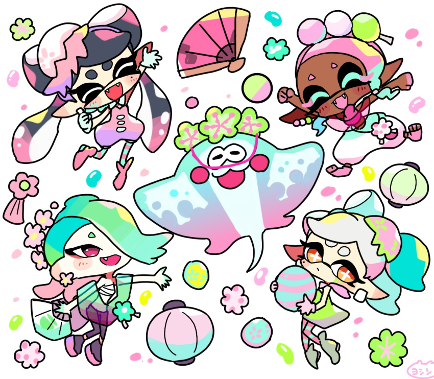 1boy 4girls :d arm_up big_man_(splatoon) bow-shaped_hair callie_(splatoon) closed_eyes colored_eyelashes commentary_request dango dark-skinned_female dark_skin earrings egg fangs folding_fan food food-themed_earrings food_on_head frye_(splatoon) hair_over_one_eye hand_fan holding holding_egg holding_fan inkling jewelry long_hair marie_(splatoon) mole mole_under_eye multiple_girls object_on_head octoling official_alternate_costume official_alternate_hair_color open_mouth shiver_(splatoon) short_eyebrows smile splatoon_(series) splatoon_3 star-shaped_pupils star_(symbol) symbol-shaped_pupils thick_eyebrows twintails wagashi yoshishi_(yosisitoho)