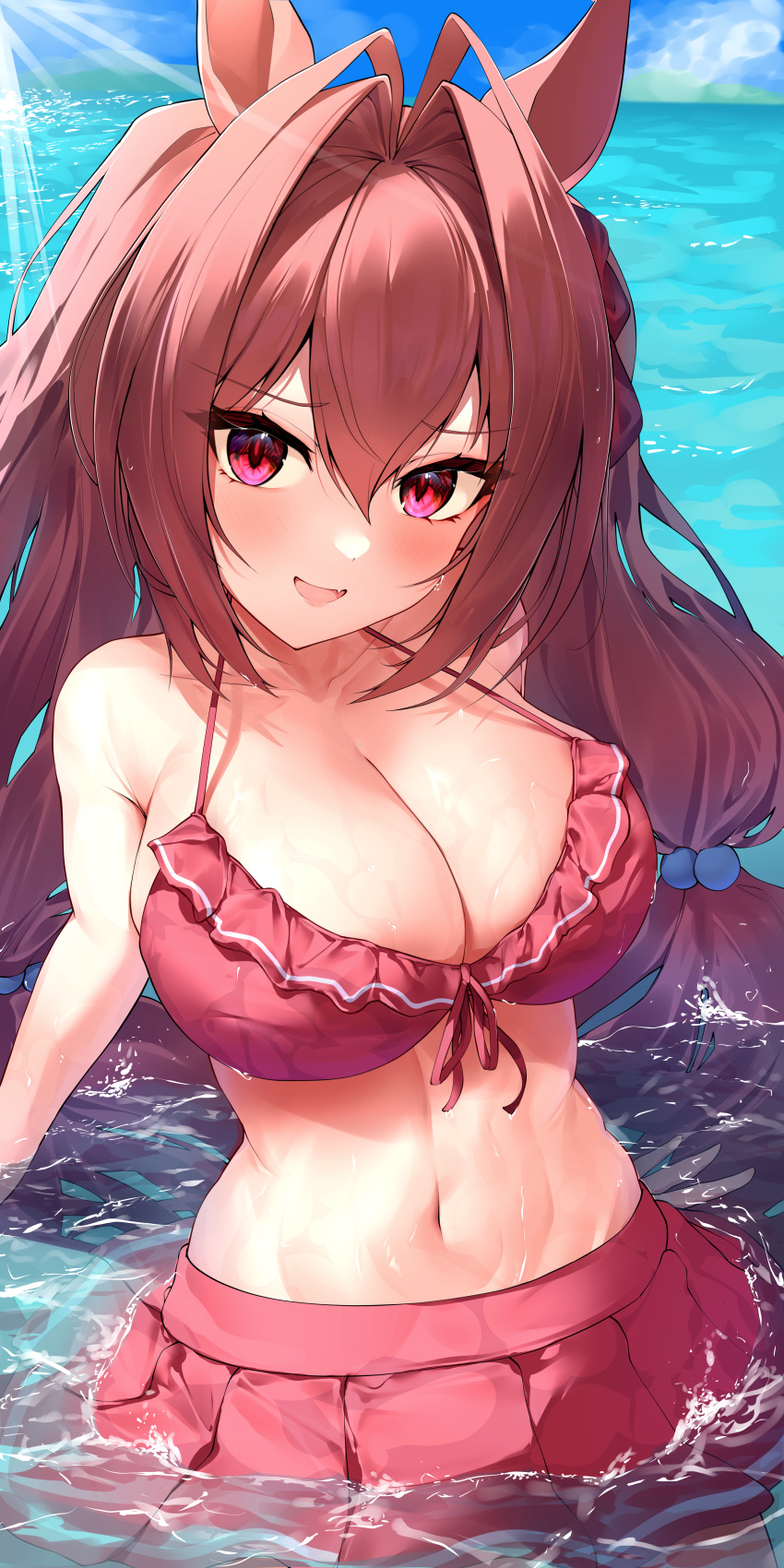 1girl absurdres animal_ears antenna_hair armpits arms_behind_head bikini bow breasts brown_hair cleavage commentary_request cowboy_shot daiwa_scarlet_(trifle_vacation)_(umamusume) daiwa_scarlet_(umamusume) fang frilled_bikini frills front-tie_bikini_top front-tie_top hair_bow hair_intakes halterneck highres horse_ears horse_girl jewelry large_breasts long_hair looking_at_viewer navel necklace red_bikini red_bow red_eyes shumai_il solo swimsuit tiara twintails umamusume very_long_hair