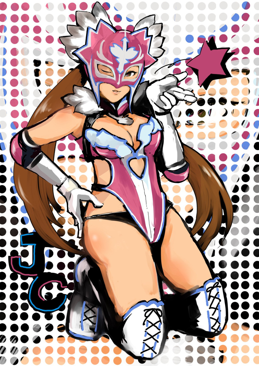 1girl boots breasts brown_hair cleavage cleavage_cutout clothing_cutout double_arbre full_body gloves highres jaycee_(tekken) julia_chang large_breasts leotard long_hair looking_at_viewer luchador luchador_mask mask one_eye_closed pointing pointing_at_viewer polka_dot solo star_(symbol) tekken tekken_tag_tournament_2 thigh_boots thighs twintails white_footwear white_gloves wrestler wrestling_outfit zoom_layer