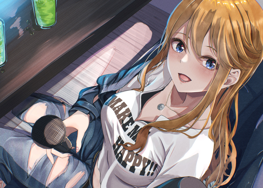 1girl absurdres blue_eyes blush breasts brown_hair denim drink highres holding holding_microphone idolmaster idolmaster_million_live! indoors izuminnu jeans karaoke looking_at_viewer medium_breasts microphone pants print_shirt shirt sitting smile solo tokoro_megumi torn_clothes torn_pants white_shirt