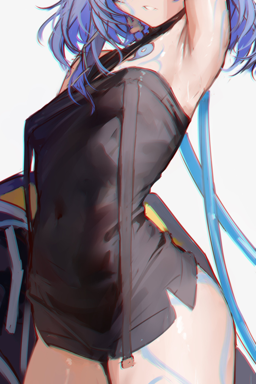 1girl absurdres arm_up armpits black_jacket blue_hair breasts covered_navel dress grey_hair highres hip_tattoo indie_virtual_youtuber jacket light_blue_hair naokomama out_of_frame sayu_sincronisity short_hair simple_background small_breasts solo virtual_youtuber white_background