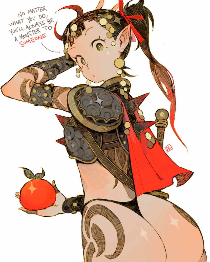 1girl andrewcockroach arm_tattoo armor ass ass_tattoo back back_tattoo bangle bikini_armor black_hair black_panties bracelet cape corrupted_twitter_file demon_horns english_commentary english_text finger_tattoo food fruit green_eyes hair_ornament hand_tattoo highres holding holding_food holding_fruit horns jewelry long_hair looking_at_viewer looking_back multicolored_hair open_mouth original panties pointy_ears ponytail red_cape simple_background solo spiked_armor spikes star-shaped_pupils star_(symbol) streaked_hair studded_armlet studded_bracelet sword_hilt symbol-shaped_pupils tattoo tomato underwear white_background