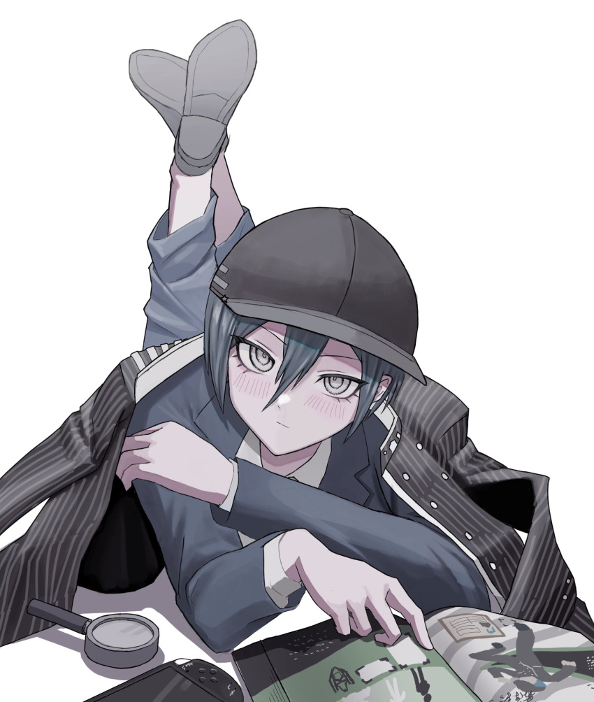 1boy ahoge bishounen black_hair black_jacket blush book commentary_request crossed_ankles crossed_arms danganronpa_(series) danganronpa_v3:_killing_harmony eyelashes hair_between_eyes handheld_game_console hat highres jacket jacket_on_shoulders long_sleeves looking_at_viewer lying magnifying_glass male_focus on_stomach open_book pants playstation_vita reading ringed_eyes saihara_shuichi shirt shoe_soles short_hair simple_background sukizukiko the_pose white_background yellow_eyes